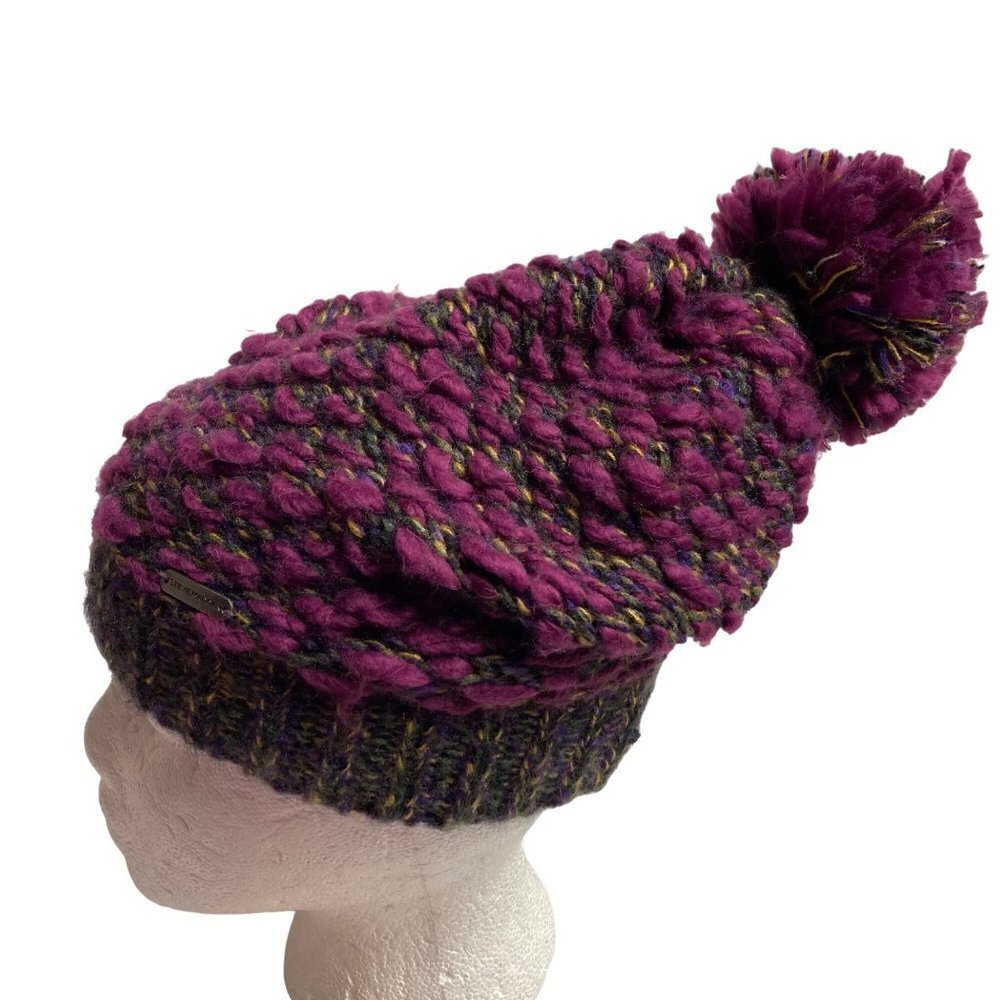 Steve Madden Chunky Knit Beanie Purple Yellow Pom Pom Hat Winter Ski